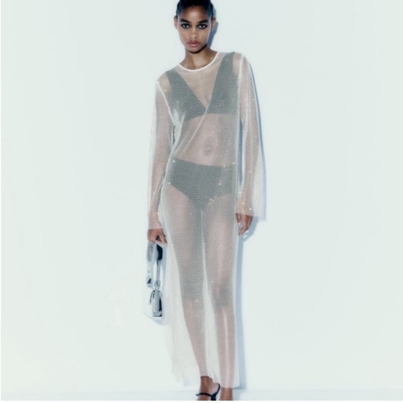 ZARA RHINESTONE MESH DRESS white sparkly size xs/s NWT